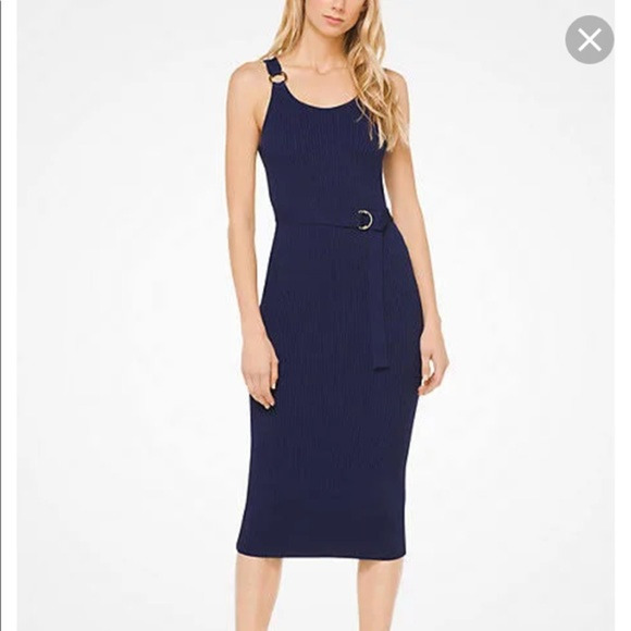 MICHAEL Michael Kors Sleeveless Belted Rib Midi Tank Sweater Dress Dark Blue XXS - Picture 1 of 5